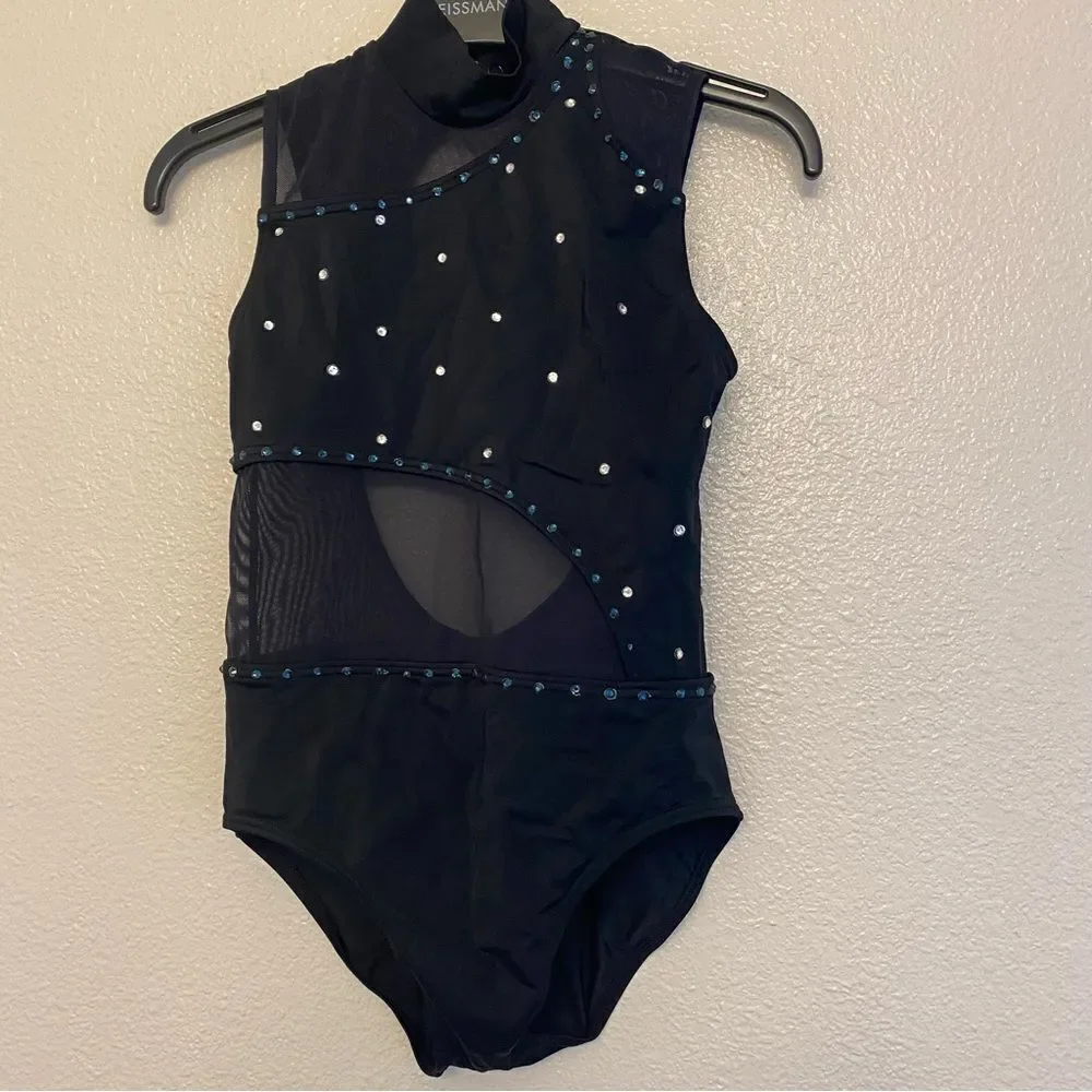 WEISSMAN Dance Costume black mesh cut out rhinestone Leotard MT11612 MC 10/12